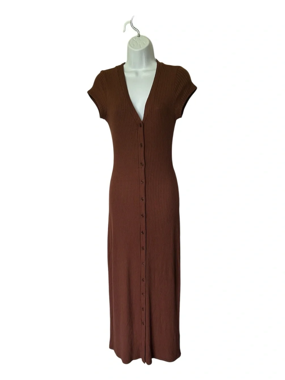 Reformation Chocolate Brown Ribbed Button-Front Midi Dress - Picture 3 of 11